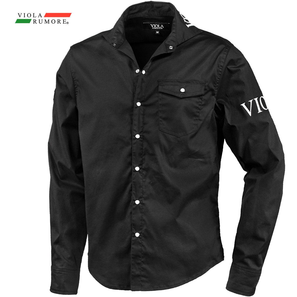 VIOLA rumore ヴィオラ ビオラ シャツ 襟プリント ホリゾンタルカラー メンズ 長袖 men(ブラック黒×白ロゴ) 42301